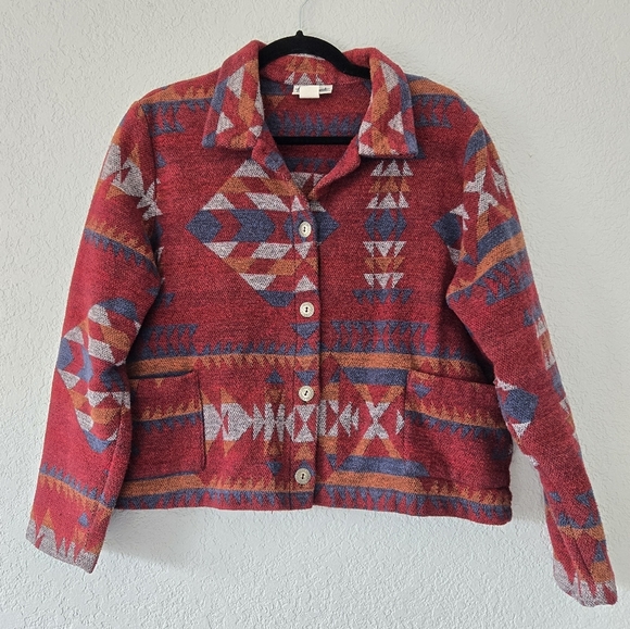Vintage Large Red Aztec Cropped Western Knit Jacket - Picture 1 of 7